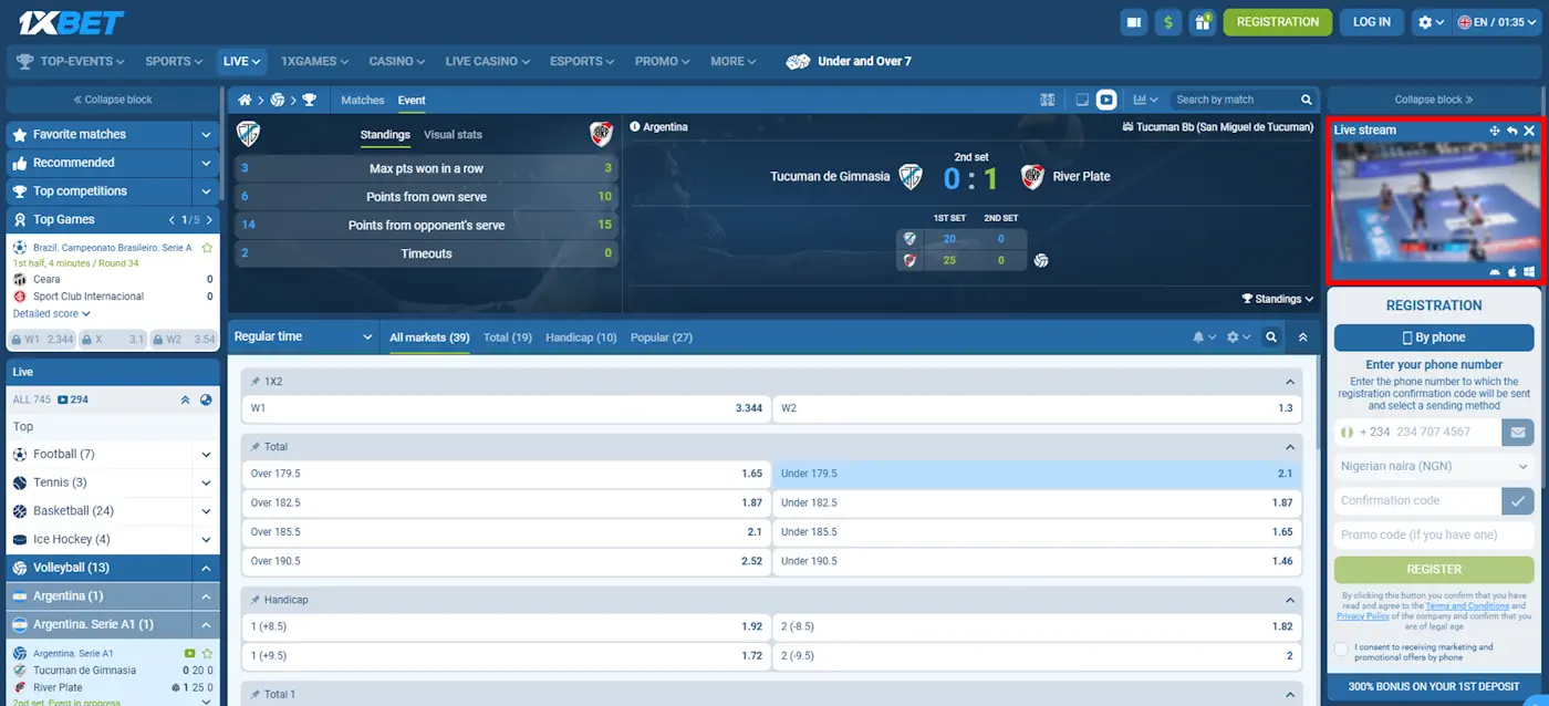 Live Beting 1xBet Live streaming Screenshot